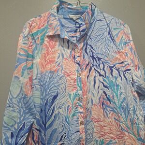 Patty Kim Coral Reef Print Button Down Lulu Tunic Duster Blue Pink XL NWT